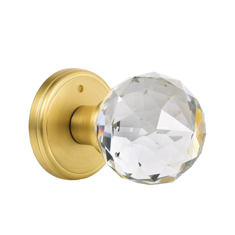 CLCTK Crystal Glass Door Knobs Interior with Lock, Privacy Bathroom Bedroom Door Knobs Gold Door Knob, Satin Brass - Image 1